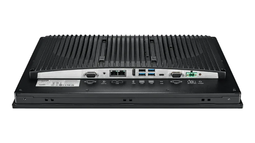Mặt sau Panel PC Advantech PPC-315W TGL với hai cổng COM DB9, cổng LAN, USB và đầu nguồn DC