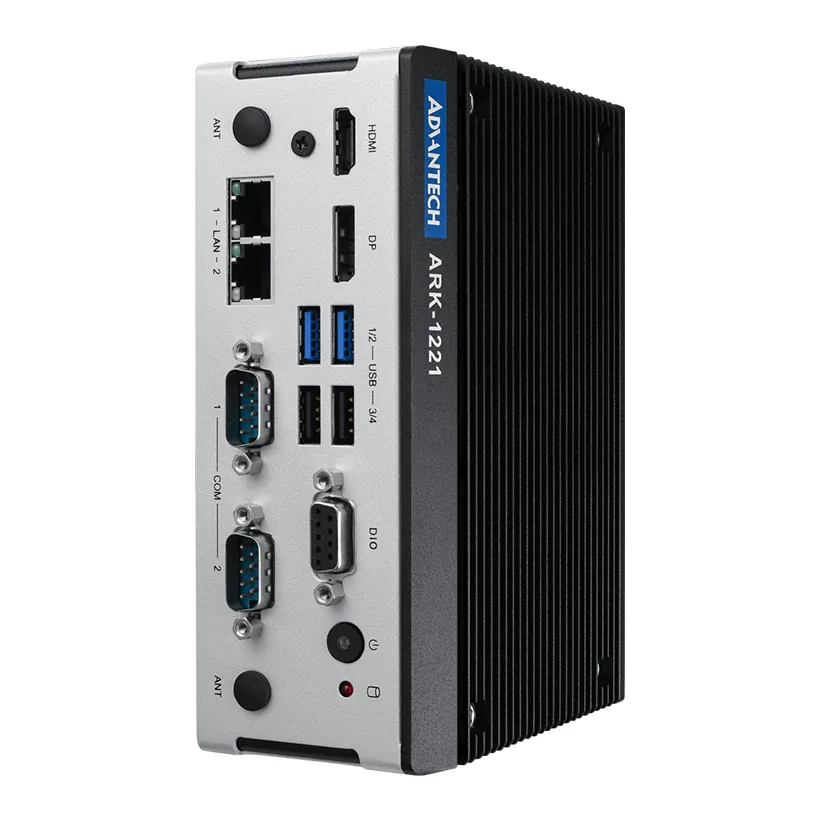 PC công nghiệp nhỏ gọn Advantech ARK-1221L gắn DIN-rail, mặt trước có 2 cổng COM, cổng DIO, 2 LAN, HDMI và DP